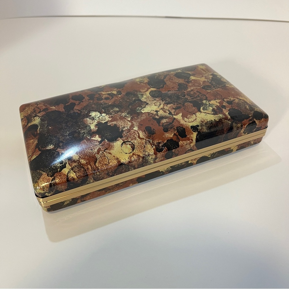 Vintage MELE Jewelry Holder Clamshell Hard Case Earring Box Travel Gold Brown